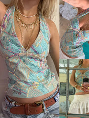 Hnewly Fashion Indie Folk Style Sequined Skinny Women Halter Tops V-Neck Backless Hottie Y2k Chic Sexy Blouses