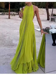 Hnewly  Sexy Backless round Neck Sleeveless Beach Dress Women's Vacation Style Loose Waist Soft Polyester Gored Skirt Long Summer Dress