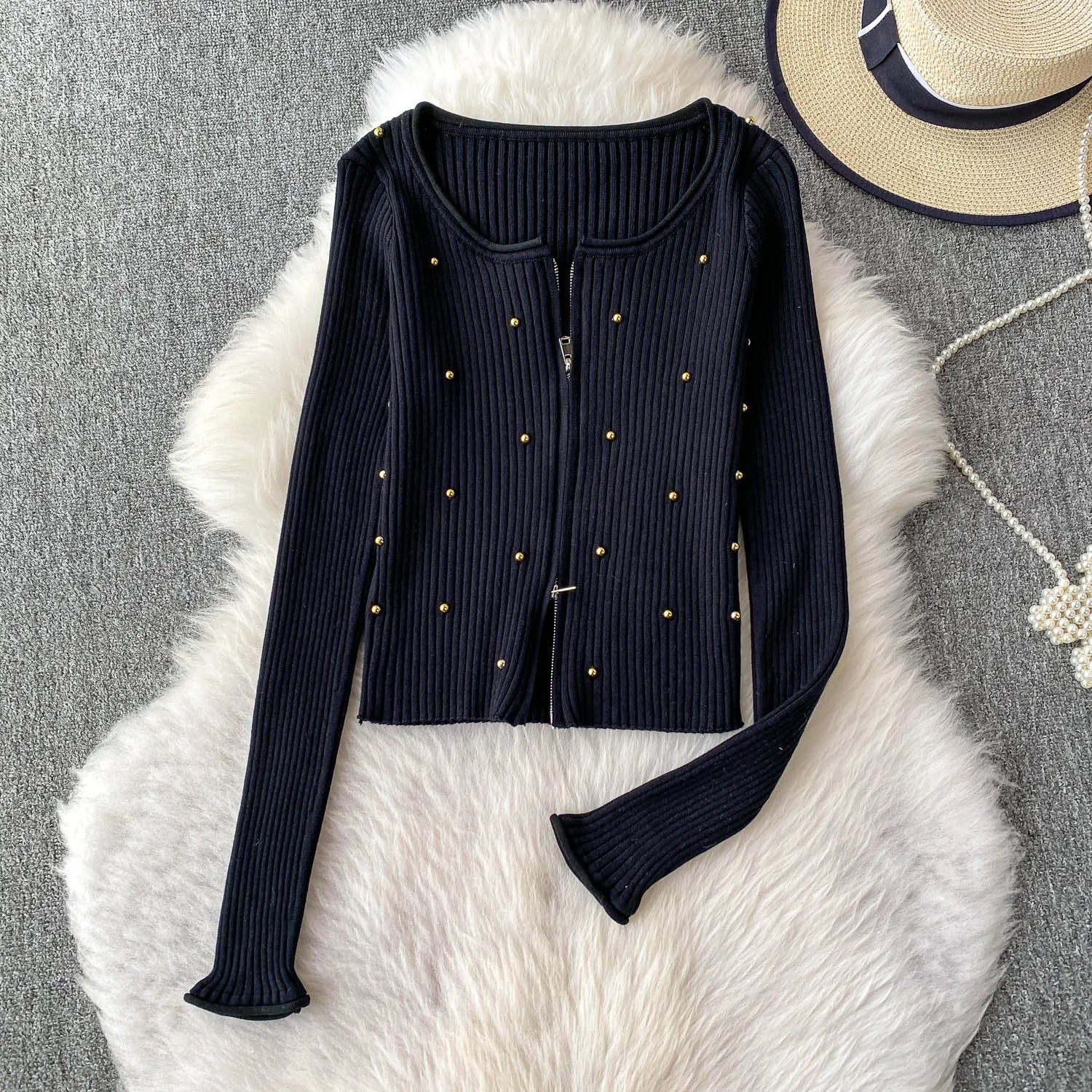 Hnewly  Beading Knitted Striped Zippered Sweater Cardigan Women's Spring Autumn O-Neck Top New Loose Harajuku Long Sleeved Outwear