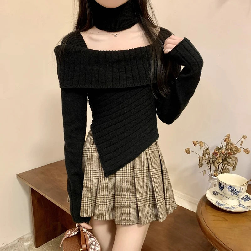 Hnewly Sweater y2k Clothes Women Coquette Off Shoulder Long Sleeve Irregular Hem Knitted Halter Tops 2000s Clothing Streetwear