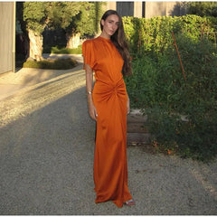 Hnewly  Fashion Satin Pleated Long Party Dress Women Elegant Lace Up Backless Backless Dresses Spring Lady Solid Evening Gowns