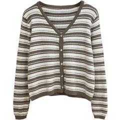 Hnewly  Women's Retro Striped Sweater Korean V-neck Contrasting Spring Autumn Long Sleeved Knitted Cardigan Coat  All-Matchded Loose Top