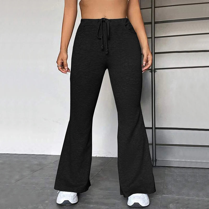 Hnewly  Sexy Middle Waist Lace Up Slim Fit Flare Pants Women's Sporty Yoga Fashion Drawstring Trousers Casual Daily Streetwear
