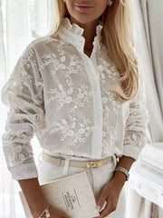 Hnewly  Women's V-neck Single Breasted Office Top Lace Embroidered Long Sleeve Loose Shirt New Spring Vacation Solid Color T-shirt