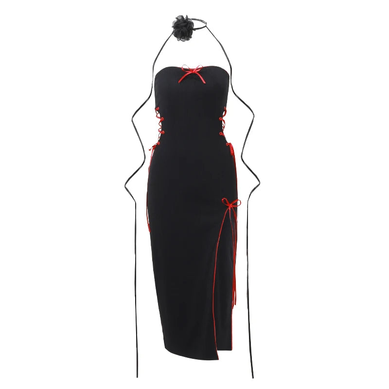 Hnewly Gothic Sexy Bow Applique Bandage Long Dress Aestheitic Strapless Skinny High Slit Dresses Y2K Fashion Club Party Dress