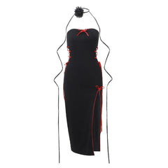 Hnewly Gothic Sexy Bow Applique Bandage Long Dress Aestheitic Strapless Skinny High Slit Dresses Y2K Fashion Club Party Dress