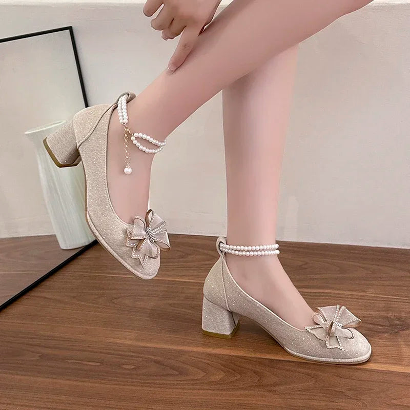 Hnewly Womens Fashion New Elegant Party Shoes 2024 Summer Versatile Mary Jane Shoes Daily Sweet Style Bow Brand Design Womens Low Heels