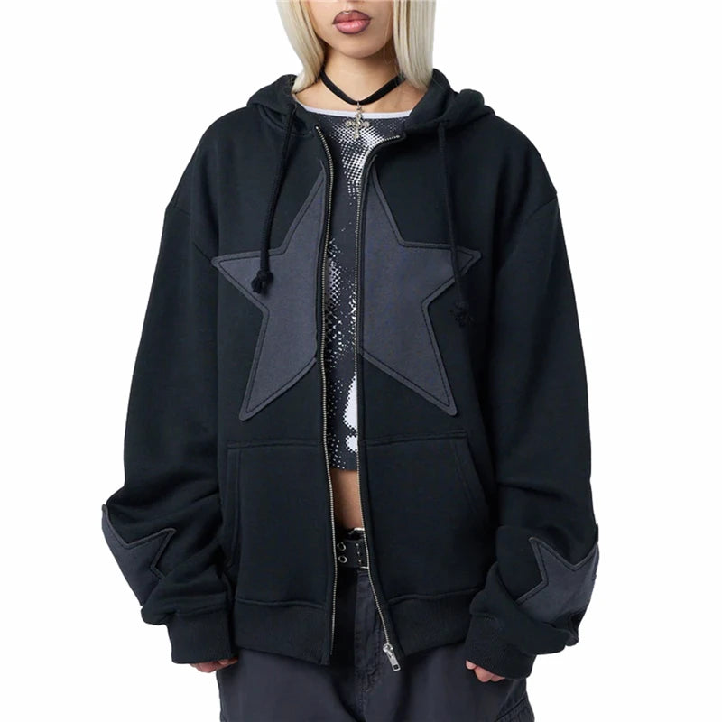 Hnewly y2k Sweatshirt Women Aesthetic Clothes Star Print Long Sleeve Tops with Pockets Gothic Hoodie Halloween Streetwear