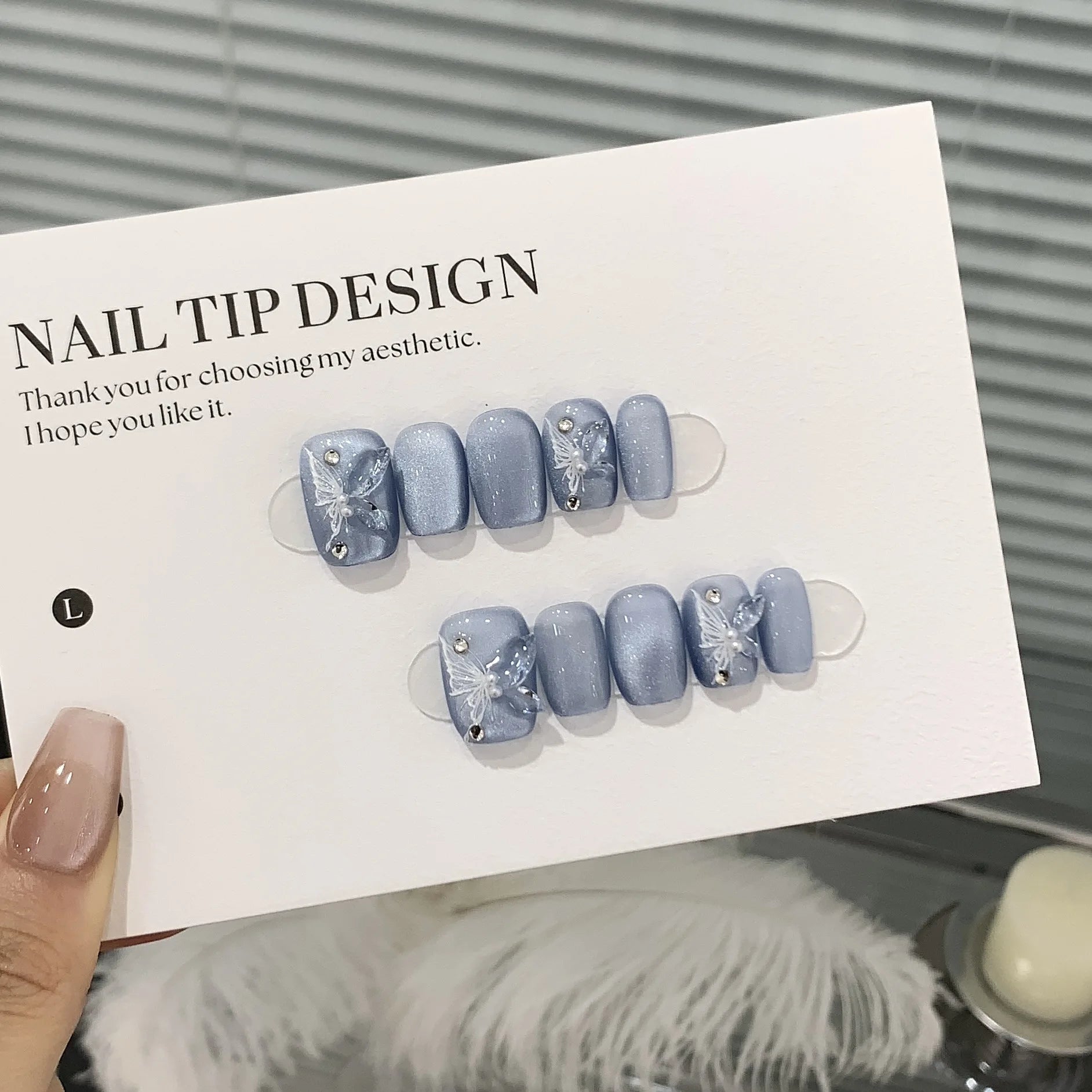 Hnewly 10Pcs Handmade Press on Nails Full Cover Shiny Cat Eye Butterfly Design Pink False Nails French Square Ballet Wearable Manicure