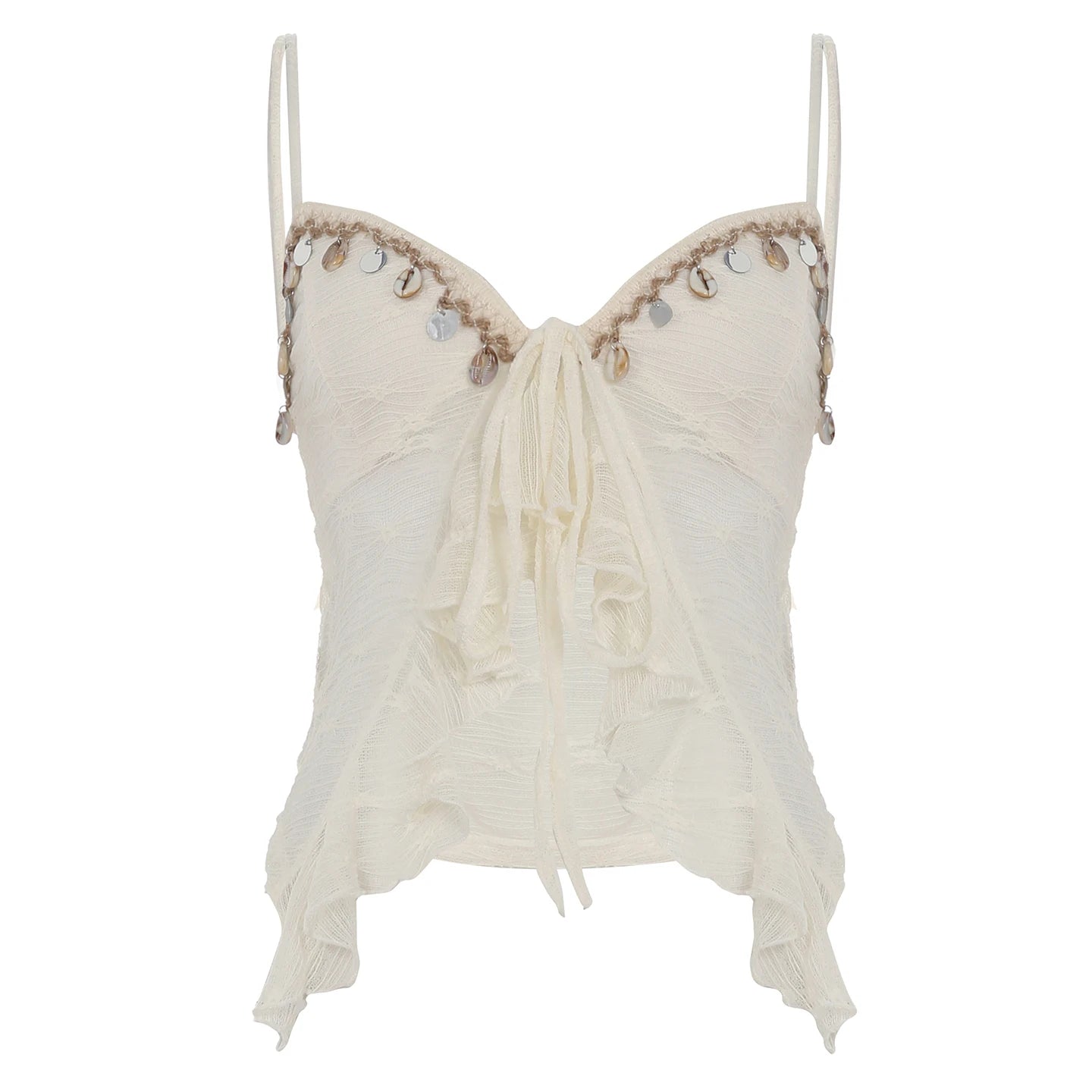Hnewly Fashion Holiday Style Slim Fit Lace Ruffly Women Camisole Tops Chic Tassel Bow Sheer Ruched Blouses
