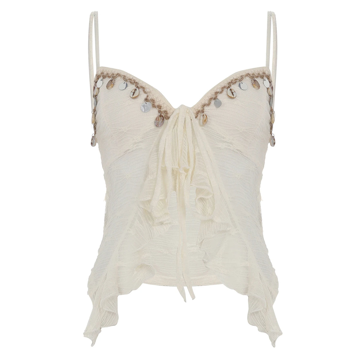 Hnewly Fashion Holiday Style Slim Fit Lace Ruffly Women Camisole Tops Chic Tassel Bow Sheer Ruched Blouses