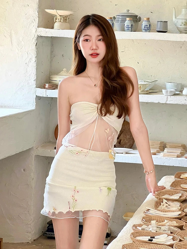 Hnewly  Sweet 2Piece Set Women Mesh Patchwork Splits Sleeveless Backless Tops+Folds Skirt Vacation Beach Party Matching Suit