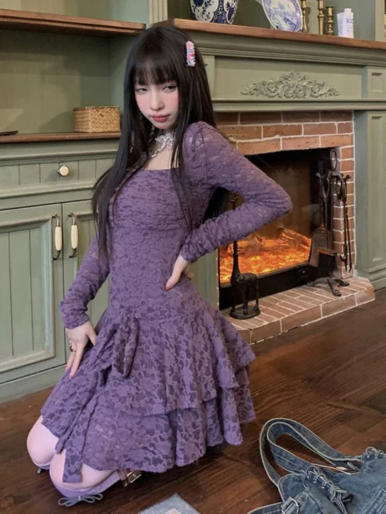 Hnewly Lace Basic Causal Women Dress Square Collar Slim Waist Tunic  All Match Dresses Y2k Aesthetic Sexy Fashion Elegant Vestidos