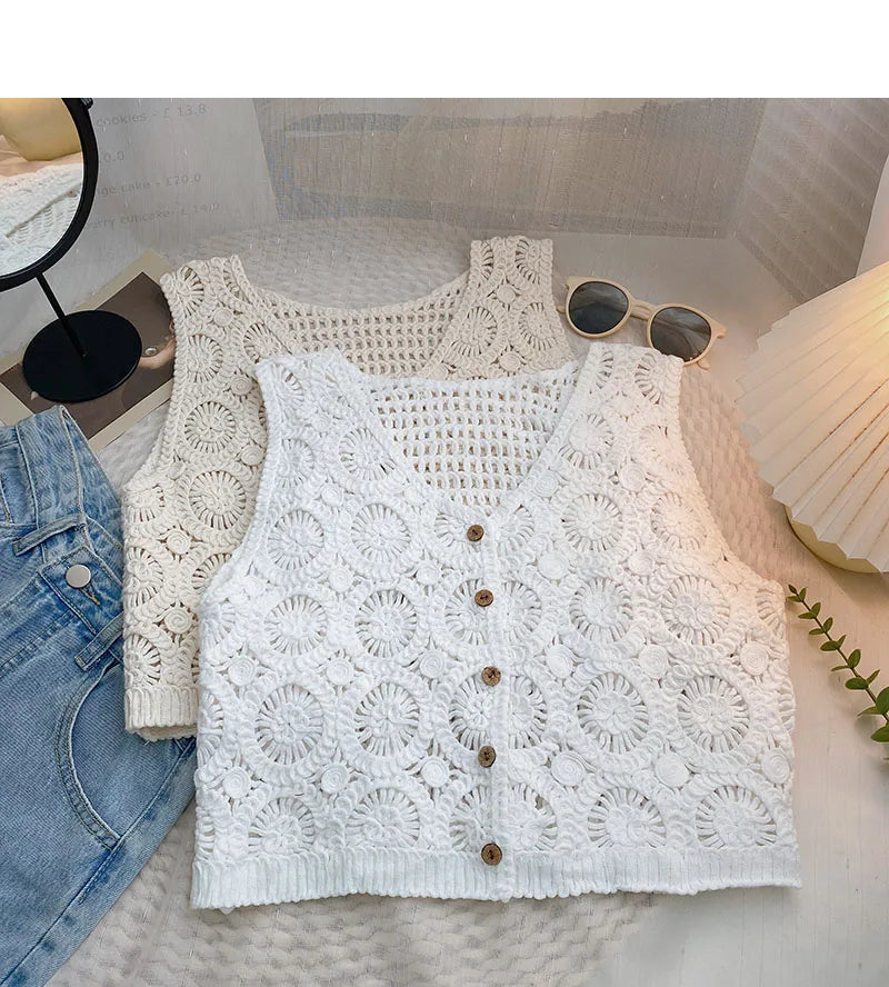 Hnewly Women Summer Hollow Out Knit Vest French Style V-Neck Sleeveless Hooked Flower Sweater 2023 New All-Match Outwear Short Top