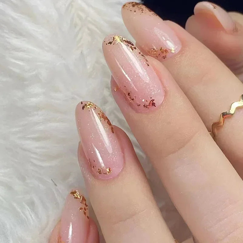 Hnewly 24Pcs French Gold Edge Wearable Almond Press on Fake Nails Simple Pearl Decoration False Nails with Glue Full Over Manicure Tips