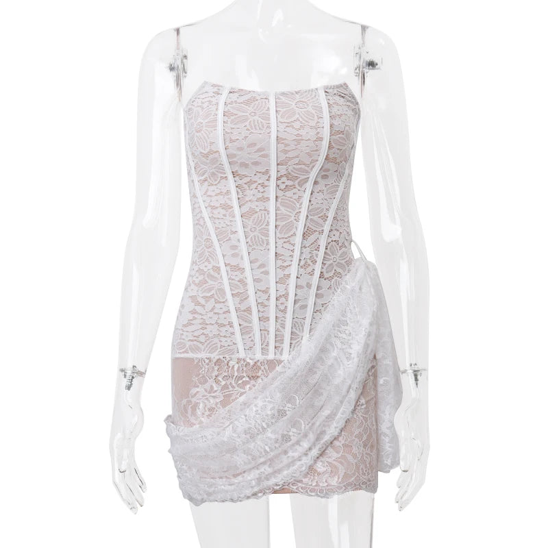 Hnewly  Elegant Lace Strapless Sexy See-through Dress Bandage Irregular Mini Dresses For Women Summer Slim Street Party Dress
