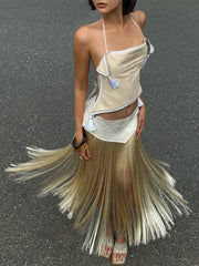 Hnewly  Cutenew Sexy Tassel Halter 2 Piece Set Women Irregular Backless Bandages Tank Top+Patchwork Skirt New Trend Party Streetwear