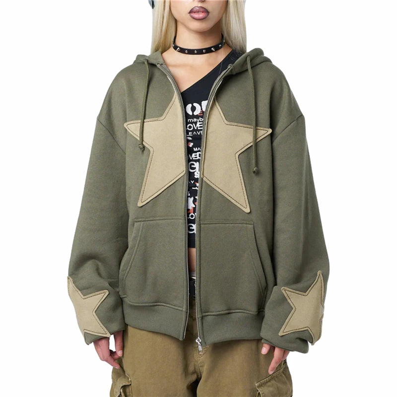 Hnewly y2k Sweatshirt Women Aesthetic Clothes Star Print Long Sleeve Tops with Pockets Gothic Hoodie Halloween Streetwear