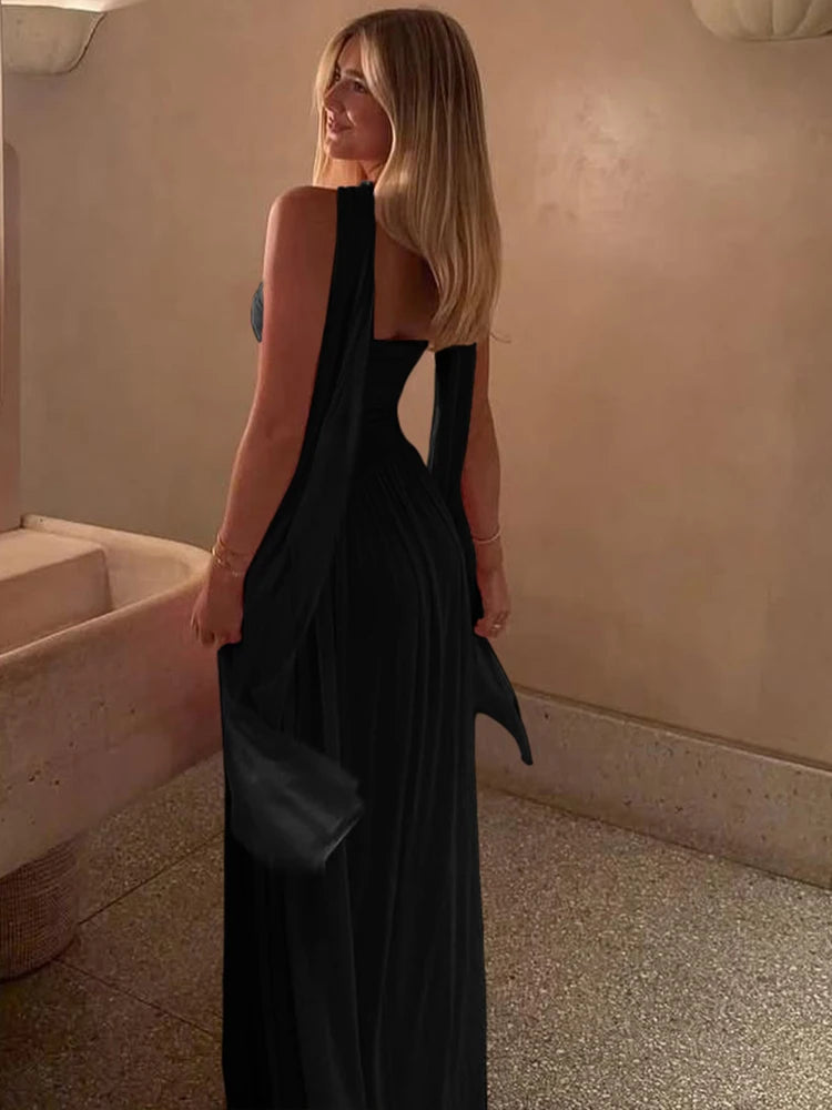 Hnewly Mesh Patchwork Maxi Dress Women Solid Scarf+Sexy Backless Strapless Ruffles Midnight Banquet Party Elegant Outfits