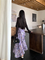 Hnewly  Spring New Women French Sleeveless Retro Camisole Dress Irregular Mesh Printed Dress Slim Ruffles Long Fairy Dress