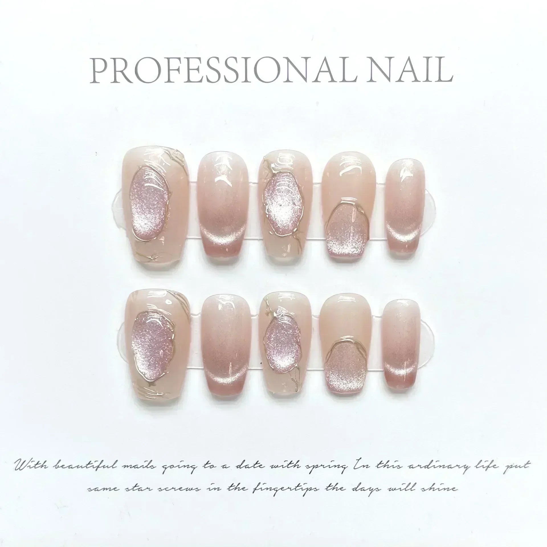 Hnewly 10Pcs Cat Eye Handmade Press On Nails with Gradient Design False Nails Full Cover French Ballerina Wearable Artificial Nail Tips