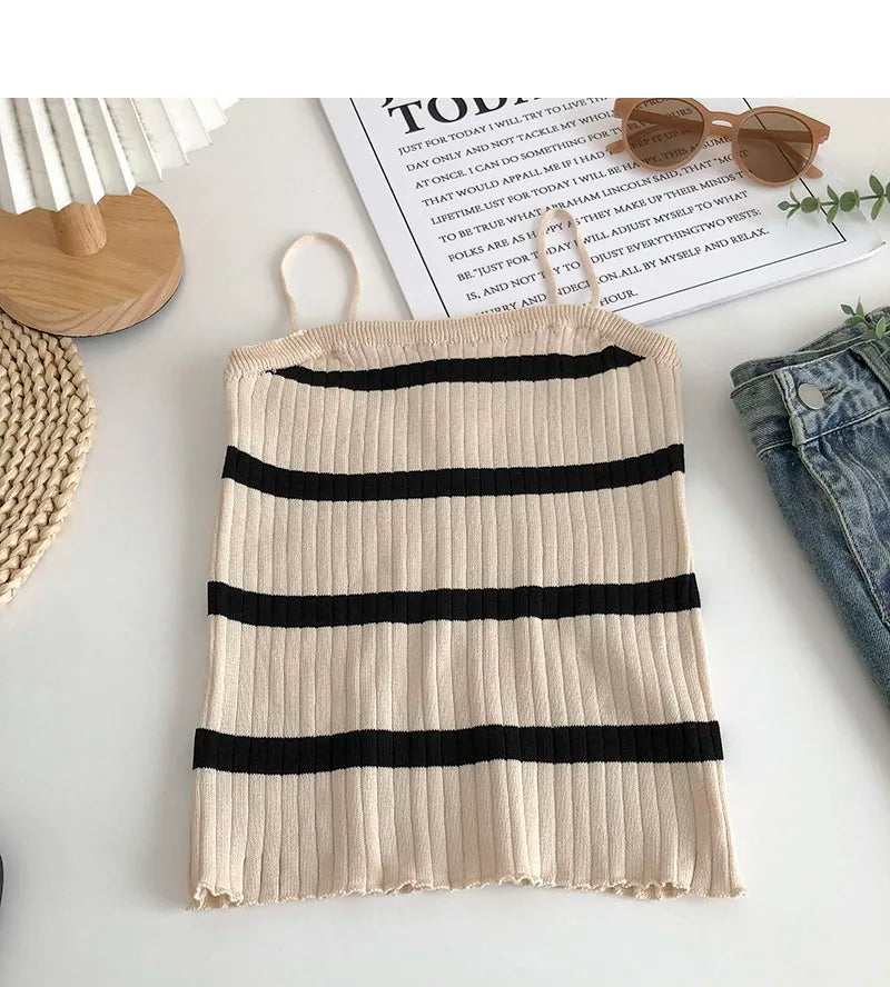 Hnewly  Women's Striped Knitting Cardigan Single Breasted Long Sleeved Sweater+Spaghetti Straps Vest Spring Autumn Korean Top 2pcs