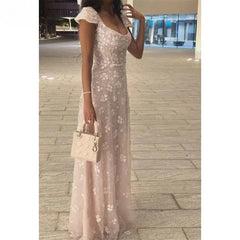 Lunivop  Elegant Lace Appliqued Prom Dress Customized Square Neck Short Sleeves A Line Shining Evening Gowns Floor Length Prom Gowns