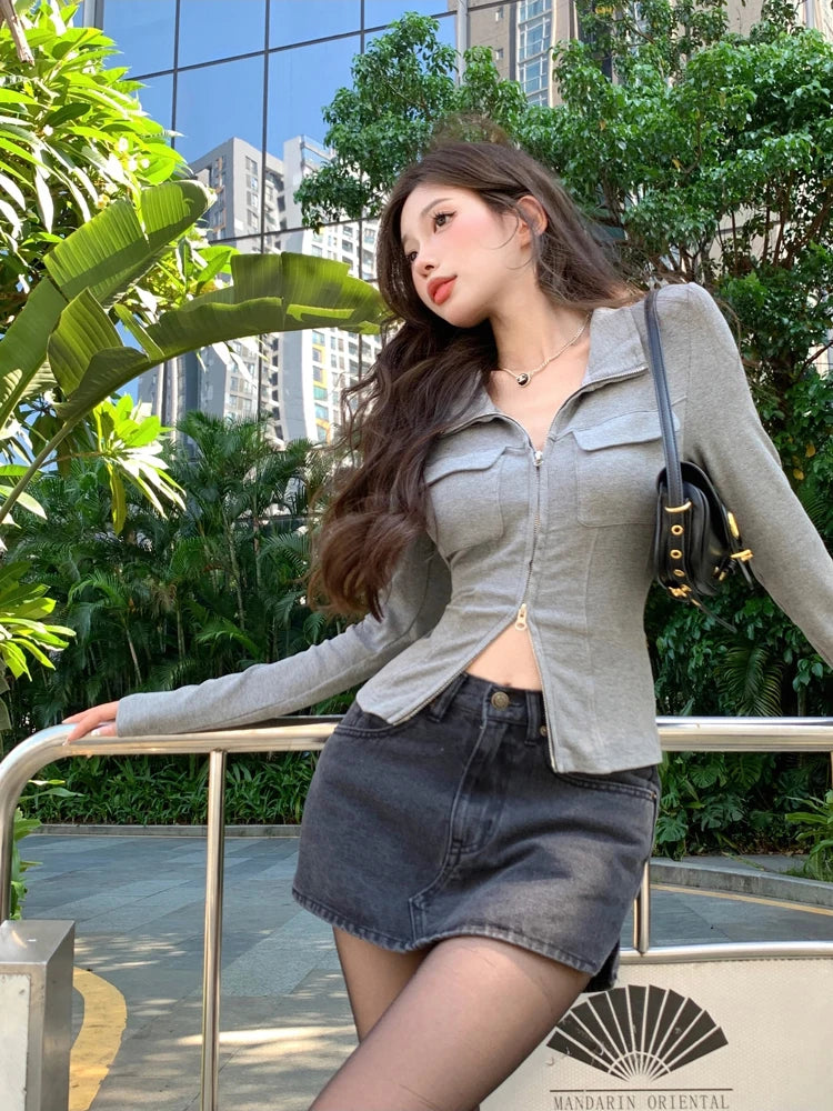 Hnewly Women T-shirt Spring Autumn Clothes Ribbed Knitted Long Sleeve Short Tops Zipper Design Tee Sexy Female Slim Tops