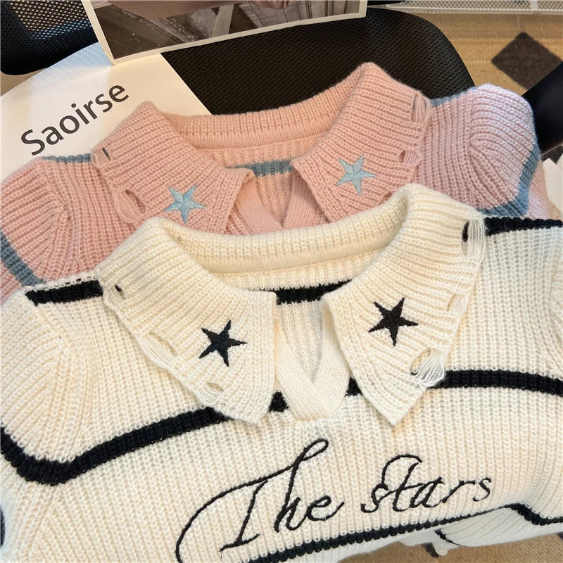 Hnewly  Short Sweater Women's Autumn Winter 2025 New Stripe Hollow Out Fashion Star Letter Knitwear Long Sleeve Top Thicked Pullover