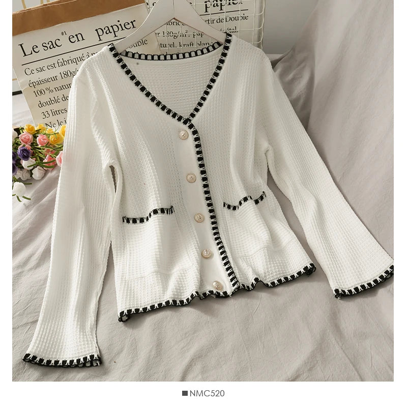 Hnewly  Autumn Spliced Color Knitted 2 Piece Sets Women Elegant V-neck  Single Breasted Cardigan And High Waist Wide Leg Pants Suit