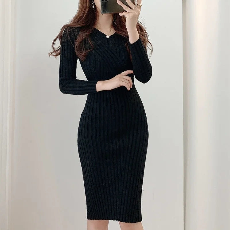 Hnewly Vintage Long Sleeve Knitted Dresses for Women Party Robe Female Autumn Retro V-neck Bodycon Dress Korean Slim Waist Vestido