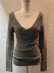 Hnewly  Fashion Vintage V-neck Knitted Tops Women Early Autumn Winter New Sweaters Slim Long Sleeve Pullovers Lace Vest 2 Piece Set