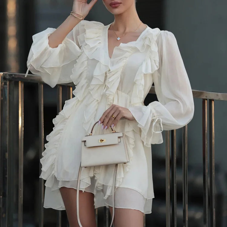 Hnewly Autumn Design Feel Ruffle Lace Dress Women's V-neck Long Sleeve Fashion A-line Skirt