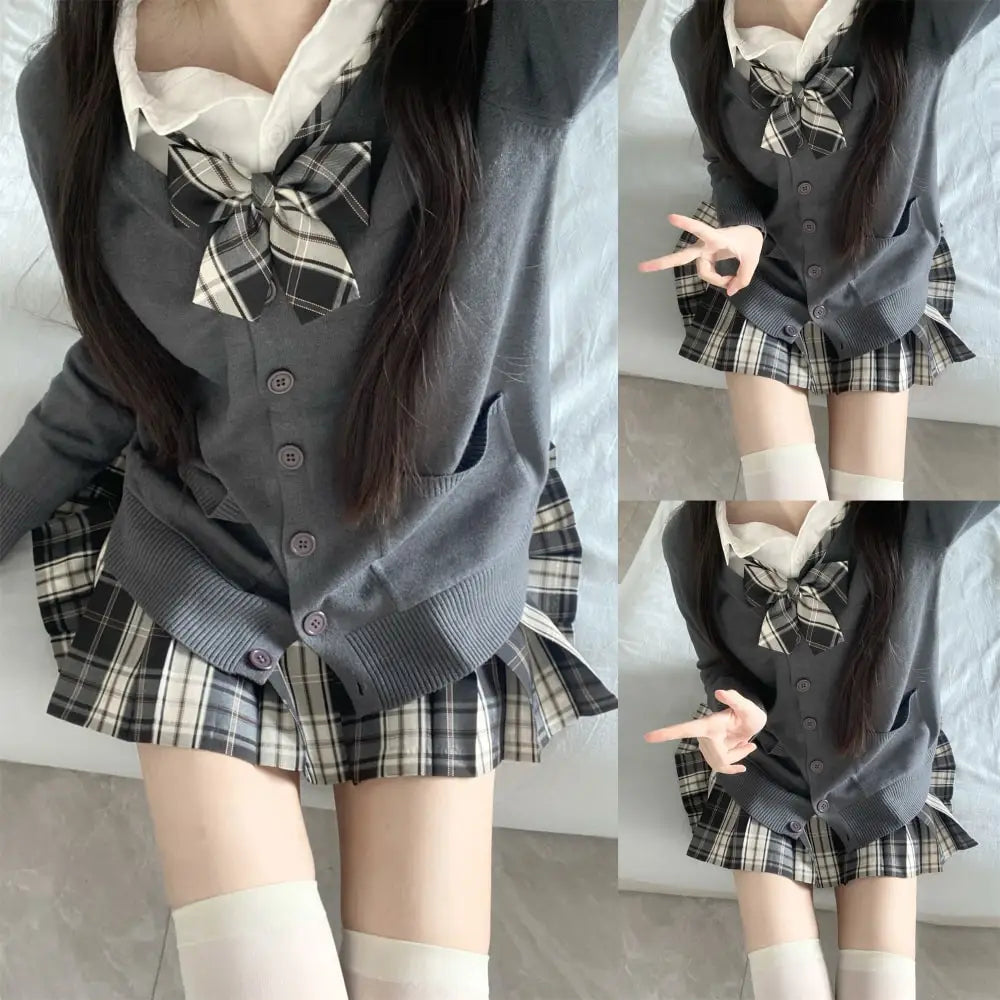 Hnewly 3Pc Set Japanese Korean School Uniforms Multicolor Sweater&Plaid Pleat Skirt with Bow Jk Uniform Suit Graduation Costumes Women