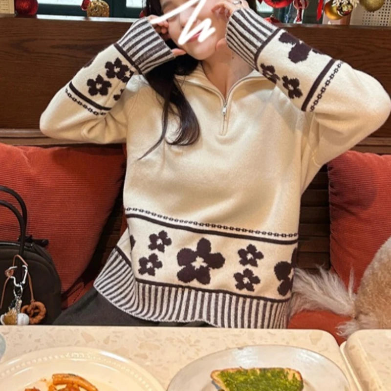 Hnewly  Half Zipper Knit Cardigan Sweater Women Pullovers Cozy Loose Sweater Jacket Collared Long Sleeve Floral Print Fall Winter Outfit