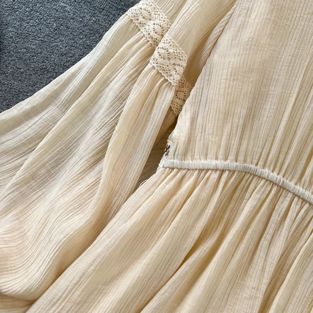 Hnewly  Tassel Patchwork V-neck Vacation Dress Sweet Lantern Sleeves Loose Mid Length A-line Dresses Elegant Embroidery Beach Vestido