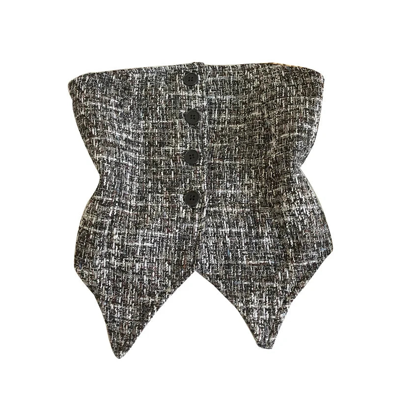 Hnewly  Retro Tweed Vest Elegant Off Shoulder Strapless Slim Irregular Short Top Women's Spring Summer Single Breasted Sleeveless Tank