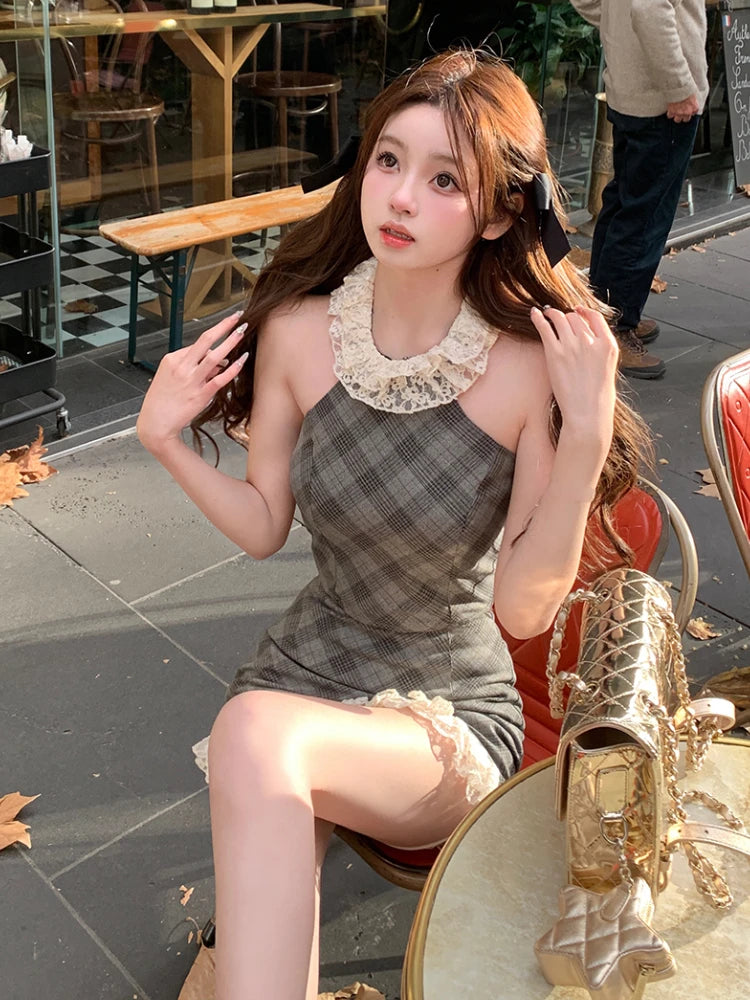 Hnewly 2 Piece Skirt Sets Kawaii Plaid Lace Floral Outfit Women Bodycon Sleeveless Y2k Crop Tops + Skirts Summer New Y2k Vintage Suits