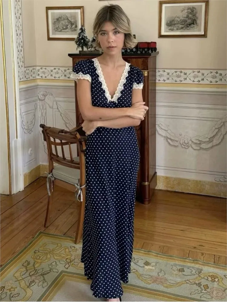 Hnewly Chic Fashion Lace Polka Dot Long Dress V-neck Sexy Women Dress Navy Blue Vintege Elegant Dresses 2025 New Woman Clothing