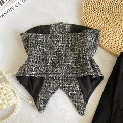 Hnewly  Retro Tweed Vest Elegant Off Shoulder Strapless Slim Irregular Short Top Women's Spring Summer Single Breasted Sleeveless Tank