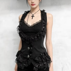 Lunivop  New French Spice Women Low Collar Lace Edge Vest Y2k Aesthetic All Match Euramerican High Street Slim Waist Camisole Casual Tops