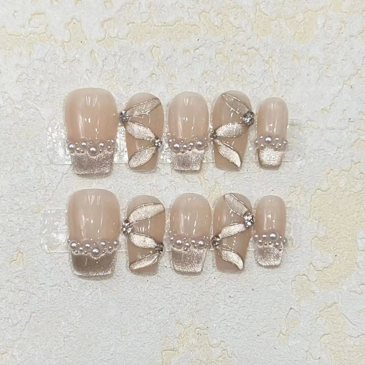Hnewly 10Pcs Cat Eye Handmade Press On Nails with Gradient Design False Nails Full Cover French Ballerina Wearable Artificial Nail Tips