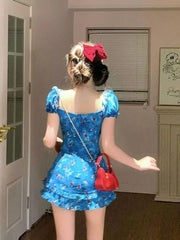 Hnewly  Floral Print Women's Dresses Short Sleeve Dress Holiday Beach Ropa Mujer Sweet Mini Vestidos Fashion Y2k Roupas Feminina
