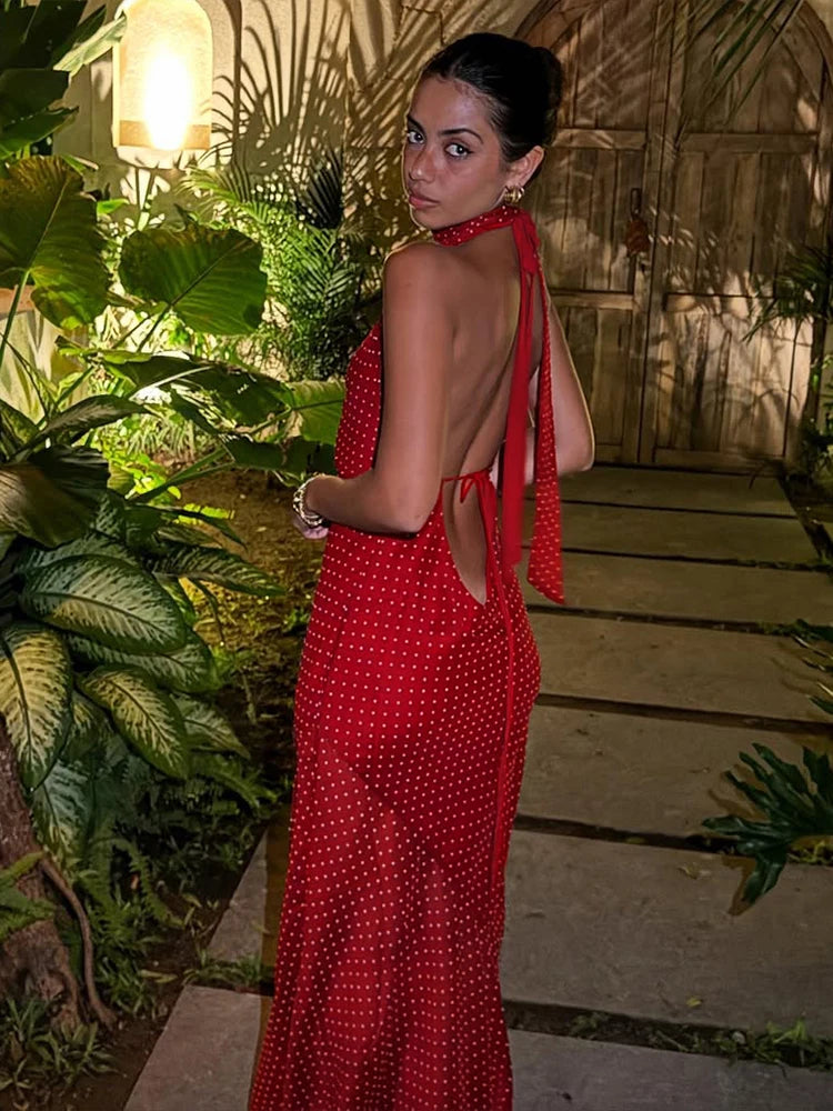 Hnewly  Polka Dot Print Fashion Maxi Dress Women Scarf+Halter Low-Neck Bandage Backless Robe Vacation Trend Elegant Vestidos