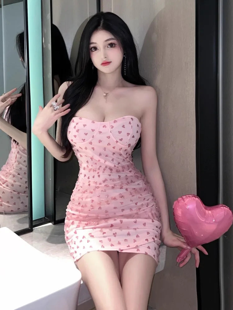 Hnewly  Woman Dress Sweet Elegant Heart Printed Strapless Slim Backless Summer Fashion Ruched Sexy Mini Dress Female Club