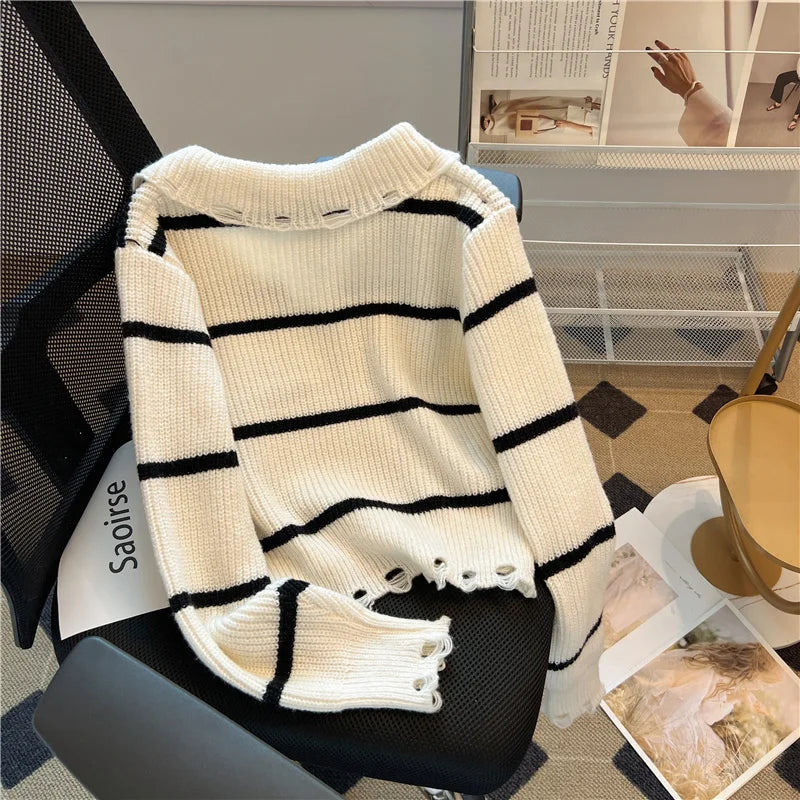 Hnewly  Short Sweater Women's Autumn Winter 2025 New Stripe Hollow Out Fashion Star Letter Knitwear Long Sleeve Top Thicked Pullover