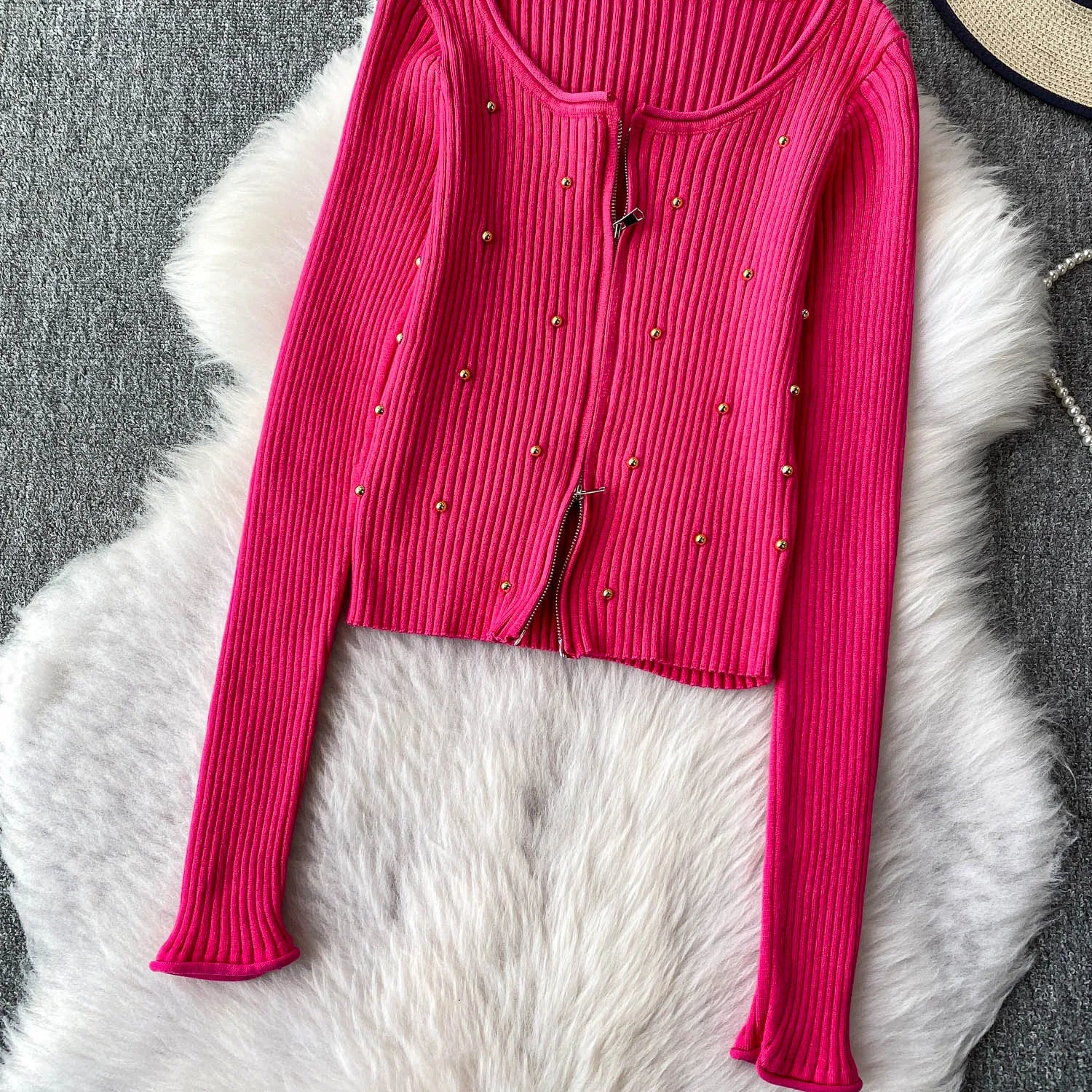 Hnewly  Beading Knitted Striped Zippered Sweater Cardigan Women's Spring Autumn O-Neck Top New Loose Harajuku Long Sleeved Outwear