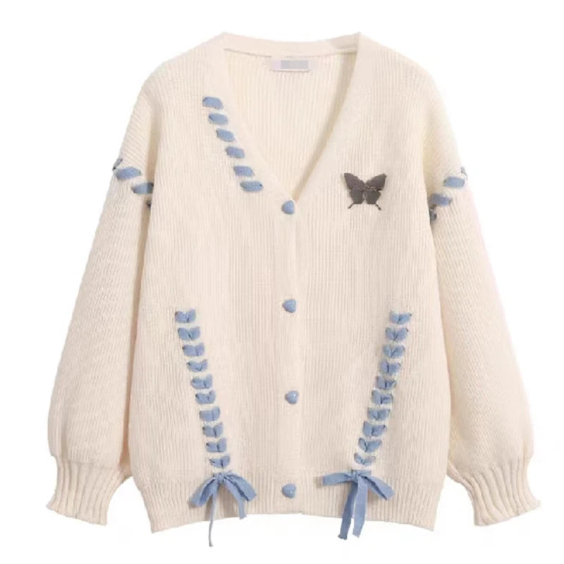 Hnewly y2k Sweaters 2000s Women Butterfly Print Side Drawstring Single Breasted Long Sleeve Loose Cardigan Tops Streetwear
