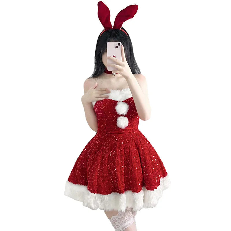 Hnewly Christmas Costumes Christmas Dress Up Glitter Adult Christmas Clothes Strapless Clothing Set Halloween Carnival Outfit