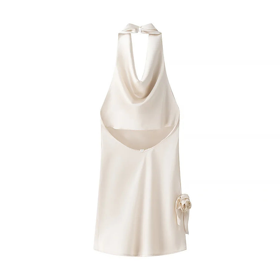 Hnewly   3D Flower Satin Halter-neck Short Dress 2025 New Fashion Beige Slim Sleeveless Dresses Backless Summer Party Dress For Women
